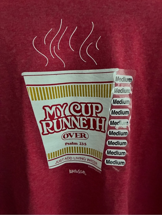 Kerusso Tops - Short Sleeve Ramen Cup of Noodle My Cup Runneth Over Bible Tee, Red, Medium NEW